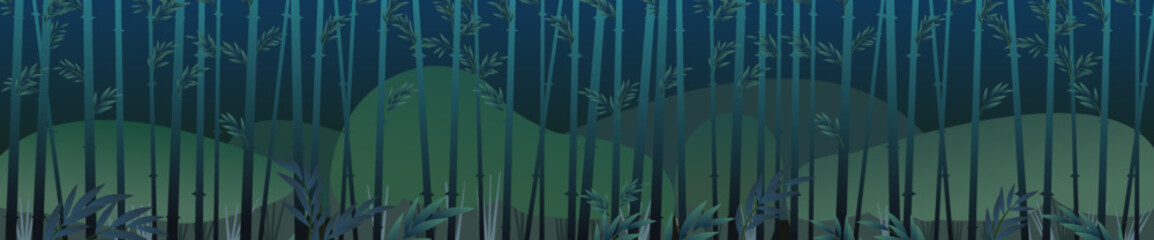 Bamboo grove beautiful night. Tropical reed beds. Jungle and tropical forests of southern latitudes. Cartoon cheerful style. Flat design. Vectorgrove night beautiful. Tropical reed beds. Jungle and