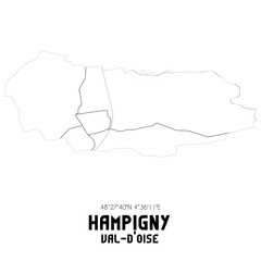 HAMPIGNY Val-d'Oise. Minimalistic street map with black and white lines.