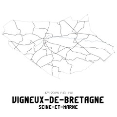 VIGNEUX-DE-BRETAGNE Seine-et-Marne. Minimalistic street map with black and white lines.