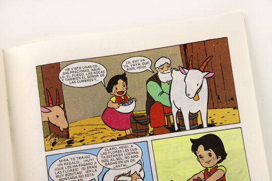 Heidi, Peter and Grandpa. Saint Bernard dog and Snowflake goat. House in the mountains. Swiss. Children's magazine with the characters of the animated television series Heidi. Comic magazine. 