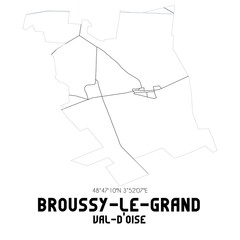 BROUSSY-LE-GRAND Val-d'Oise. Minimalistic street map with black and white lines.