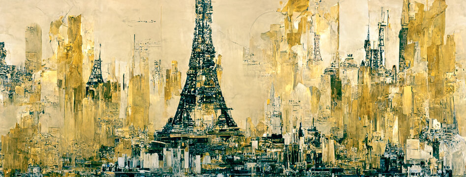 Abstract painting concept. Colorful art in golden tones with skyscrapers. Cityscape. Digital art image.