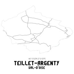TEILLET-ARGENTY Val-d'Oise. Minimalistic street map with black and white lines.