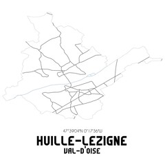 HUILLE-LEZIGNE Val-d'Oise. Minimalistic street map with black and white lines.