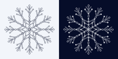 Fancy monochrome snowflake made of jewelry chains with ball beads. Elegant jewel illustration for winter sales, christmas, new year holiday, gift decoration.