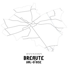 BREAUTE Val-d'Oise. Minimalistic street map with black and white lines.