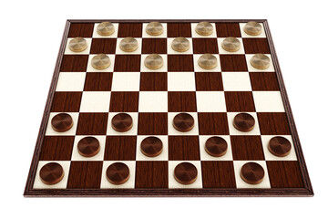 Checkers game board and pieces on transparent background