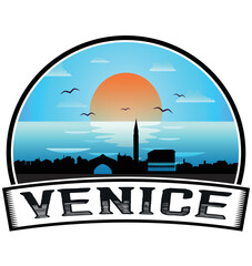 Venice Italy Skyline Sunset Travel Souvenir Sticker Logo Badge Stamp Emblem Coat of Arms Vector Illustration EPS