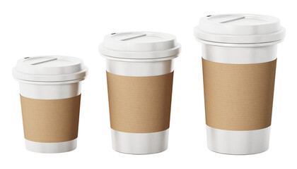 Various sized coffee cups on transparent background