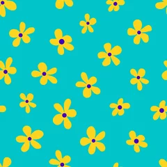 Wandaufkleber illustration of minimalist style bright yellow flowers forming seamless pattern on blue background © Tatyana Olina