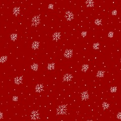 Winter seamless pattern with snowflakes on red background. Christmas texture