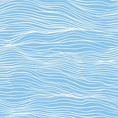 Seamless linear wavy pattern. Marine texture, white wavy lines on blue background