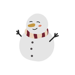 Snowman with a scarf. Funny snow man. Vector cartoon hand drawn character