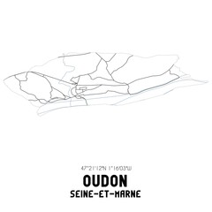 OUDON Seine-et-Marne. Minimalistic street map with black and white lines.