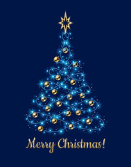 Fancy christmas tree made of festive colorful garland, blue lights, gold balls, bethlehem gold star on top. Glowing sparkles, stars on wire strings. Wavy shape of tree. No transparency effect