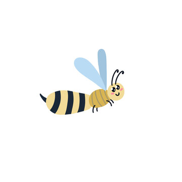 Cartoon wasp with stripes. Honey bee cute character. Vector illustration