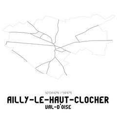 Obraz premium AILLY-LE-HAUT-CLOCHER Val-d'Oise. Minimalistic street map with black and white lines.