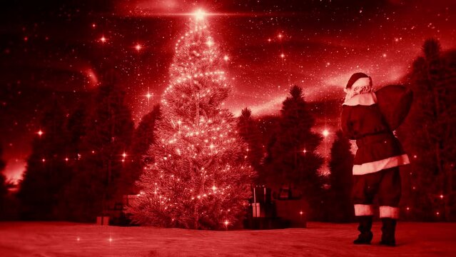 Red Christmas Xmas Tree and Santa Klaus - Looping Animation Fantasy Landscape Background