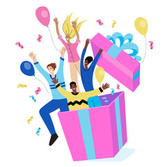 Сharacters jump out of the gift box. Illustration of big present box with  joyful interracial people. Happy friends made a surprise. Balloons and confetti fly out of the box. Birthday party.