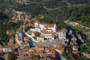 Fototapeta na wymiar Aerial view of city and National Palace of Sintra - Sintra, Portugal