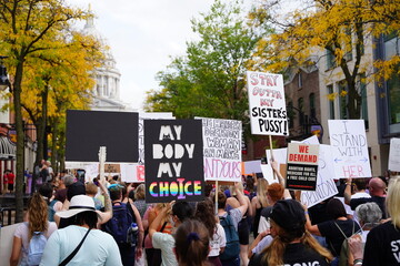 Rear view of members and supporters of Pro-Choice and Bans Off Our Bodies rallied together and...