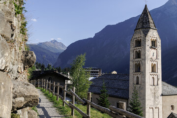 View of the Bell Tower of the Church of San Pantaleone in Courmayeur, Aosta Valley - Italy