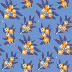 Fototapeta na wymiar Seamless floral pattern, cute ditsy print with folk motif. Pretty flower surface design with decorative plants, hand drawn branches with small flowers, leaves on blue background. Vector illustration.