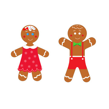 Gingerbread man. Gingerbread girl and boy.  Christmas icon. Holiday winter symbols. Cartoon colorful illustration.