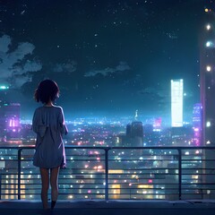 Fototapeta premium Cute Anime woman looking at the cityscape by night time. A sad, moody. Manga, lofi style. 3d rendering