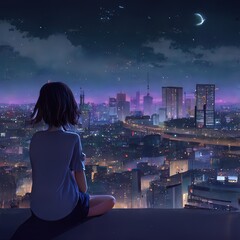 Cute Anime woman looking at the cityscape by night time. A sad, moody. Manga, lofi style. 3d rendering - obrazy, fototapety, plakaty