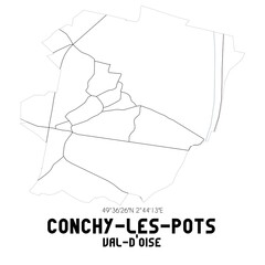 CONCHY-LES-POTS Val-d'Oise. Minimalistic street map with black and white lines.