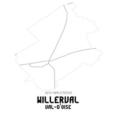 WILLERVAL Val-d'Oise. Minimalistic street map with black and white lines.