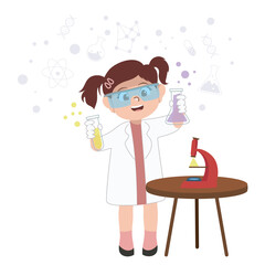 Kids' dream job clipart cartoon a cute little girl as scientist on white background for kids fashion artworks, children books, birthday invitations, greeting cards, posters