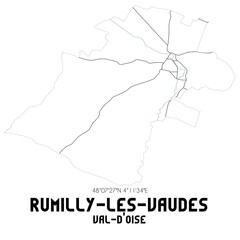 RUMILLY-LES-VAUDES Val-d'Oise. Minimalistic street map with black and white lines.