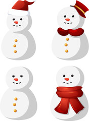 Set of cartoon style snowmen in hat and scarf