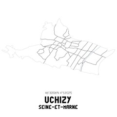 UCHIZY Seine-et-Marne. Minimalistic street map with black and white lines.