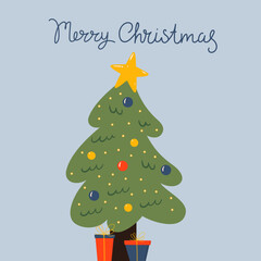 Merry Christmas card  with Christmas Tree and Gifts . Ideal for posters, postcards, invitations, and banners.