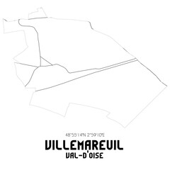 VILLEMAREUIL Val-d'Oise. Minimalistic street map with black and white lines.