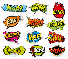 Comic book sound set. Colored hand drawn speech bubbles. Wow, Omg, Boom, Bang sound chat text effects in pop art style