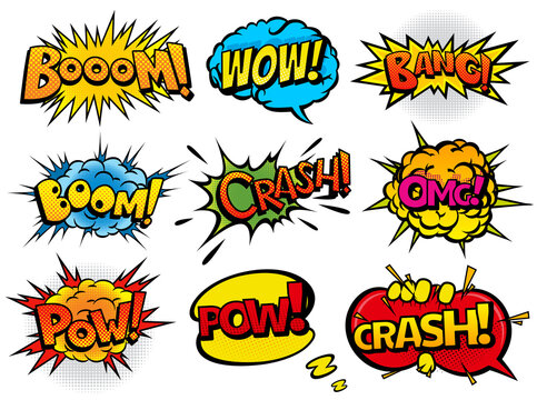 Comic book sound set. Colored hand drawn speech bubbles. Wow, Omg, Boom, Bang sound chat text effects in pop art style