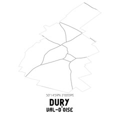 DURY Val-d'Oise. Minimalistic street map with black and white lines.