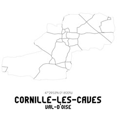 CORNILLE-LES-CAVES Val-d'Oise. Minimalistic street map with black and white lines.