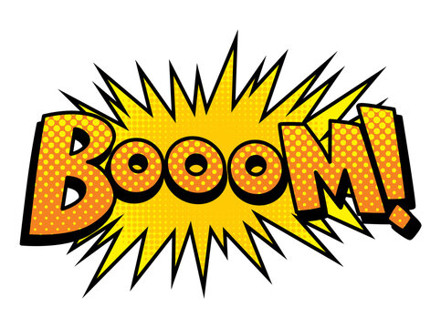 Comic book sound. Colored hand drawn speech bubble. Boom sound chat text effect in pop art style. Funny design  item