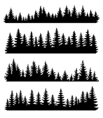 Fir trees silhouettes set. Coniferous or spruce forest horizontal background patterns, black pine woods  illustration. Beautiful hand drawn coniferous panoramas