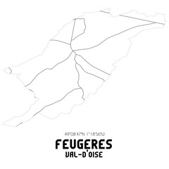 FEUGERES Val-d'Oise. Minimalistic street map with black and white lines.