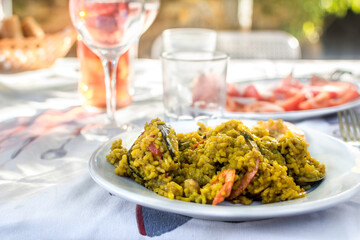 Paella dish on the table. Healthy, delicious, tasty, mediterranean food