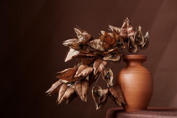 Ceramic vase with a branch with dry flowes of the golden rain tree; Koelreuteria paniculata