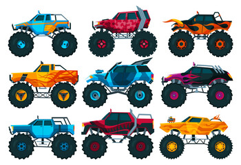 Monster trucks set. Bright colorful cartoon auto with big wheels. Heavy cars with large tires and black tinted windows. Isolated rally 4x4 computer or mobile game