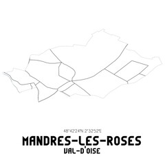 MANDRES-LES-ROSES Val-d'Oise. Minimalistic street map with black and white lines.