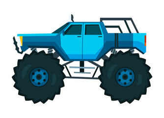 Monster truck. Bright colorful cartoon auto with big wheels. Heavy car with large tires and black tinted windows. Isolated rally 4x4 computer or mobile game
